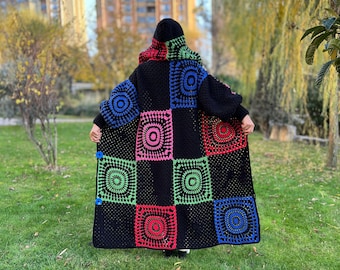 Granny Square Coat, Knit Loose Cardigan, Oversize Cardigan, Long Hooded Coat, Sweater For Women, Crochet Jacket, Boho Clothes