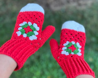 Handmade Red Crochet Cozy Cotton Mittens with Granny Square Design, Warm Winter Santa Claus Gloves for Women, Christmas Gift Idea