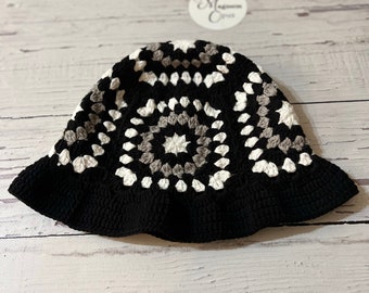 Black White Hat, Knit Bucket Hat, Granny Square Hat, Crochet Summer Hat, Bohemian Hat, Knit Sun Hat, Patchwork Hat, Checkered Knit Hat