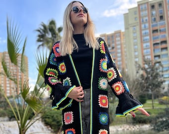 Granny Square Cardigan, Hippie Coat, Crochet Jacket, Colorful Sweater, Oversize Cardigan, Loose Coat, Knit Jacket, Multicolor Sweater