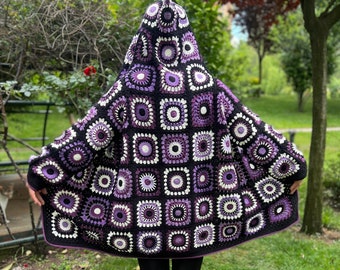 Granny Square Cardigan, Crochet Jacket, Hooded Sweater, Hand Knitted Coat, Oversize Cardigan, Colorful Sweater, Loose Cardigan, Hippie Coat