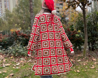 Christmas Cardigan, Crochet Red Coat, Granny Square Cardigan, Red Christmas Jacket, Hippie Cardigan, Hand Knit Sweater, Christmas Gift