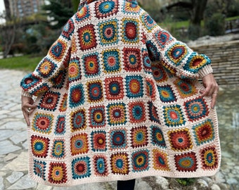 Granny Square Cardigan, Crochet Sweater, Colorful Cardigan, Hippie Coat, Hooded Sweater, Afghan Coat, Crochet Jacket, Oversize Cardigan