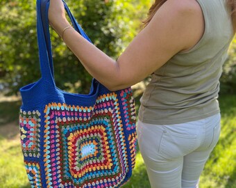 Granny Square Bag, Crochet Shoulder Bag, Blue Tote Bag, Colorful Hippie Bag, Beach Bag, Boho Purse, Lined Tote Bag, Hobo Bag, Afghan Bag