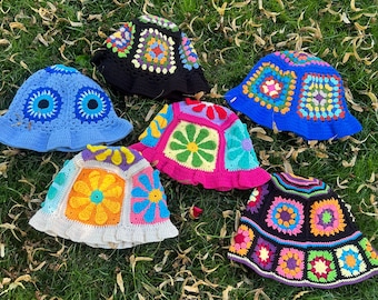 Crochet Bucket Hat, Granny Square Hat, Colorful Beanie, Crochet Summer Hat, Crochet Hippie Hat, Multicolor Knit Hat, Festival Hat