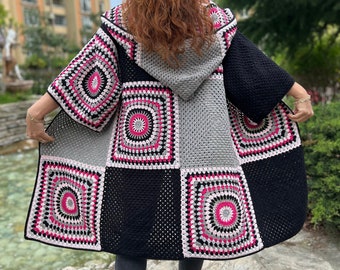 Hooded Cardigan, Granny Square Coat, Bohemian Coat, Crochet Jacket, Colorful Cardigan, Knit Sweater, Hippie Cardigan, Afghan Coat