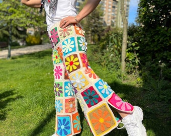 Pantalones florales de punto, pantalones de pierna ancha, pantalones hippie, pantalones coloridos, pantalones de ganchillo, pantalones largos de playa, pantalones vaqueros florales de mujer, pantalones acampanados