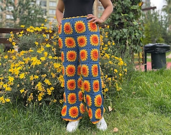 Knit Sunflower Pants, High Waisted Pants, Wide Leg Trousers, Crochet Pants, Hippie Pants, Bell Bottoms, Flare Pants, Summer Pants Knit Sunflower Pants, High Waisted Pants, Wide Leg Trousers, Crochet Pants, Hippie Pants, Bell Bottoms, Flare Pants, Summer Pants