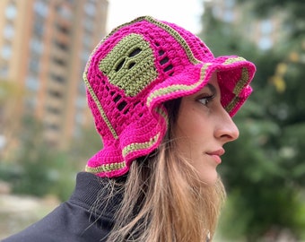 Skull Bucket Hat, Pink Green Hat, Crochet Skull Hat, Halloween Bucket Hat, Knit Pink Hat, Scary Hat, Patchwork Hat, Pink Festival Hat