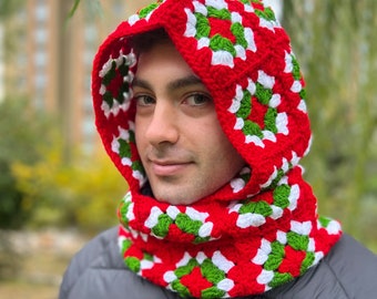 Christmas Balaclava, Knit Balaclava, Red Balaclava, Crochet Balaclava, Unisex Balaclava, Granny Square Hat, Winter Snow Mask, Unique Hat