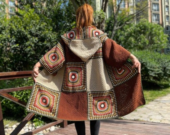 Abrigo Grandma Square, Cárdigan oversize, Jersey para mujer, Chaqueta de crochet, Cárdigan hippie, Abrigo suelto de punto, Cárdigan largo de lana