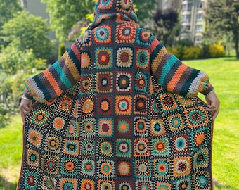 Granny Square Coat, Knit Loose Cardigan, Patchwork Cardigan, Long Hooded Coat, Crochet Jacket, Boho Cardigan, Sweater For Women