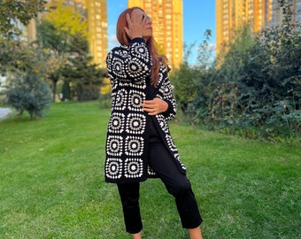 Black White Cardigan, Granny Square Coat, Crochet Jacket, Knit Long Sweater, Hooded Coat, Afghan Coat, Bohemian Cardigan