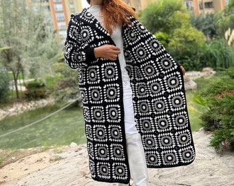 Black White Cardigan, Crochet Jacket, Granny Square Coat, Hippie Cardigan, Hooded Coat, Patchwork Cardigan, Knit Long Sweater, Afghan Coat