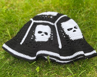 Halloween Crochet Skull Bucket Hat, Black White Goth Festival Style, Punk Accessories Gift Idea