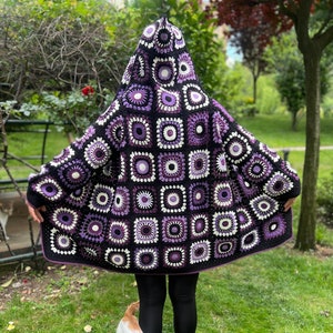 Granny Square Cardigan, Crochet Jacket, Hooded Sweater, Hand Knitted Coat, Oversize Cardigan, Colorful Sweater, Loose Cardigan, Hippie Coat