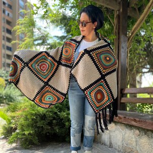Crochet Shawl, Boho Wrap, Afghan Big Shawl, Colorful Knit Shawl, Shawl With Tassel, Hippie Wrap, Long Shawl, Cotton Fringed Scarf