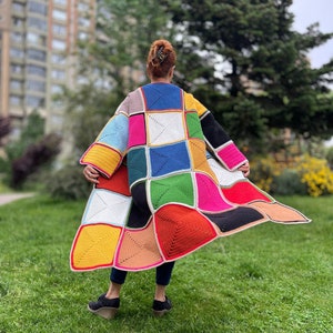 Patchwork Cardigan, Crochet Long Coat, Multicolor Cardigan, Mohair Cardigan, Hippie Cardigan, Colorful Square Coat, Knit Loose Cardigan