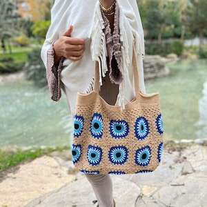 Crochet Bag, Granny Square Bag, Crochet Purse, Crochet Tote Bag, Evil Eye Bag, Afghan Bag, Lined Purse, Retro Bag, Hobo Bag