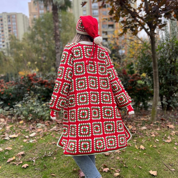 Christmas Cardigan, Crochet Red Coat, Granny Square Cardigan, Red Christmas Jacket, Hippie Cardigan, Hand Knit Sweater, Christmas Gift
