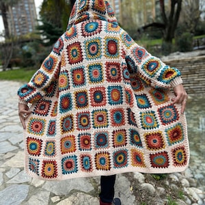 Granny Square Cardigan, Crochet Sweater, Colorful Cardigan, Hippie Coat, Hooded Sweater, Afghan Coat, Crochet Jacket, Oversize Cardigan