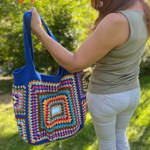 Granny Square Bag, Crochet Shoulder Bag, Blue Tote Bag, Colorful Hippie Bag, Beach Bag, Boho Purse, Lined Tote Bag, Hobo Bag, Afghan Bag