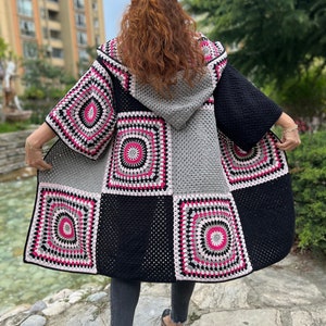 Hooded Cardigan, Granny Square Coat, Bohemian Coat, Crochet Jacket, Colorful Cardigan, Knit Sweater, Hippie Cardigan, Afghan Coat