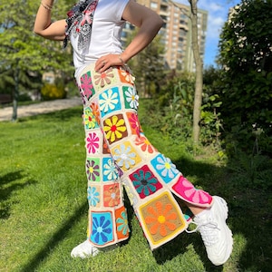 Knit Floral Pants, Wide Leg Trousers, Hippie Pants, Colorful Trousers, Crochet Pants, Beach Long Pants, Women Floral Jeans, Flare Pants image 1