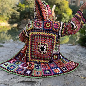 Granny Square Coat, Crochet Hoodie, Colorful Cardigan, Hippie Sweater, Knit Jacket, Oversize Cardigan, Cotton Cardigan, Bohemian Coat