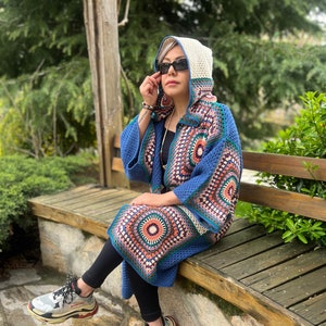 Afghan Coat, Granny Square Cardigan, Hippie Cardigan, Hooded Sweater, Patchwork Cardigan, Boho Jacket, Crochet Coat, Oversize Cardigan