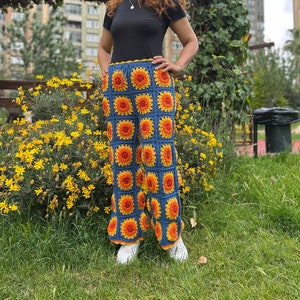 Knit Sunflower Pants, High Waisted Pants, Wide Leg Trousers, Crochet Pants, Hippie Pants, Bell Bottoms, Flare Pants, Summer Pants image 1