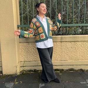 Crochet Granny Square Cardigan, Short Boho Patchwork Sweater Jacket