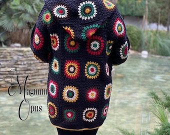 Granny Square Cardigan, Crochet Jacket, Colorful Coat, Knit Sweater, Boho Coat, Oversize Cardigan, Hippie Sweater, Patchwork Cardigan