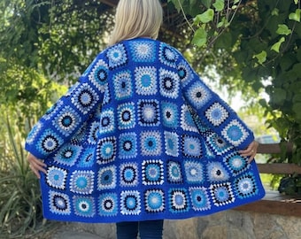Granny Square Cardigan, Crochet Blue Sweater, Summer Jacket, Hippie Cardigan, Afghan Coat, Oversize Sweater, Patchwork Jacket, Boho Coat