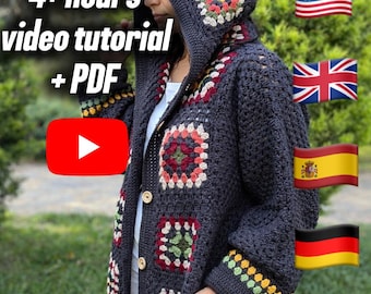 Crochet Hooded Granny Square Cardigan Pattern PDF, Buttoned Coat with Pockets Video Tutorial