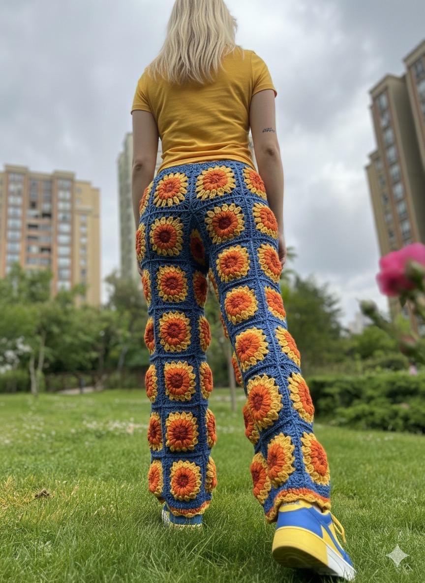 Knit Sunflower Pants, High Waisted Pants, Wide Leg Trousers