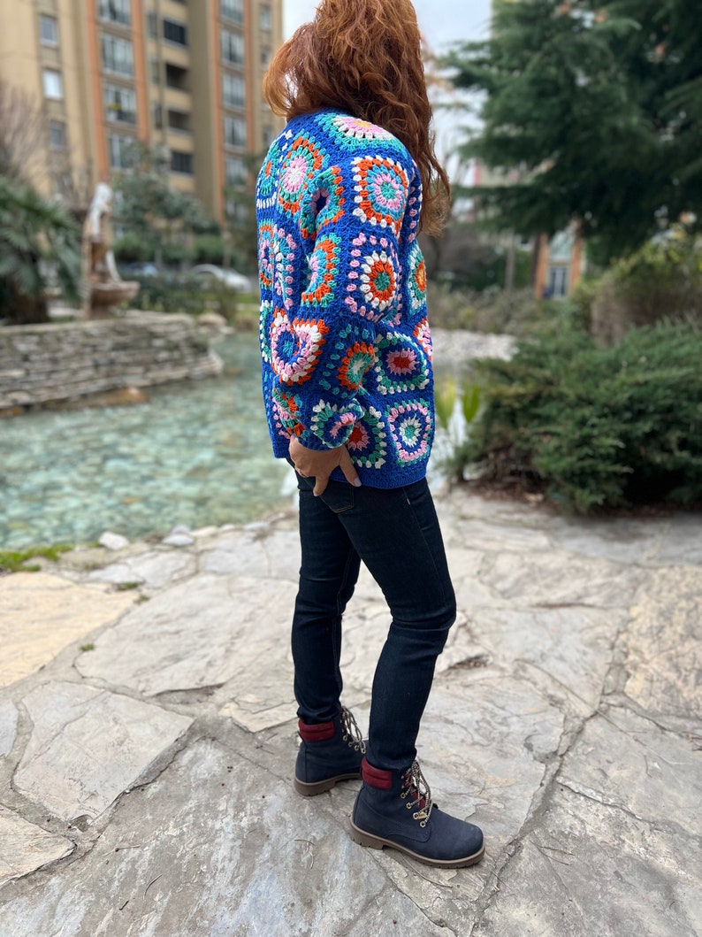 Blue Crochet Sweater, Granny Square Cardigan, Colorful Cardigan, Hippie Coat, Knit Jacket, Oversize Cardigan, Boho Coat, Loose Cardigan image 9