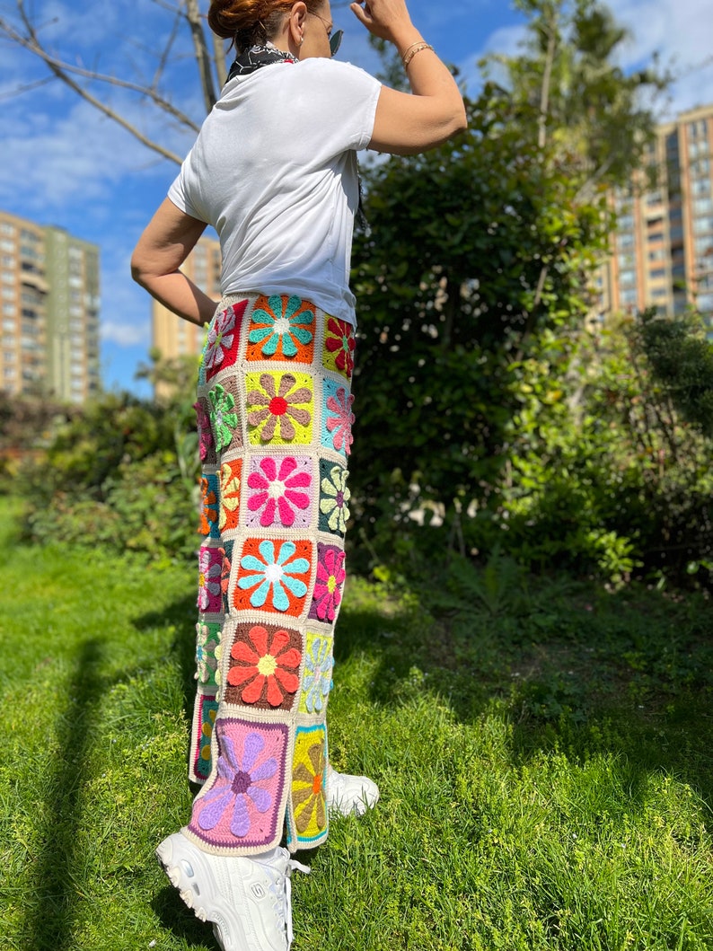 Knit Floral Pants, Wide Leg Trousers, Hippie Pants, Colorful Trousers, Crochet Pants, Beach Long Pants, Women Floral Jeans, Flare Pants image 2