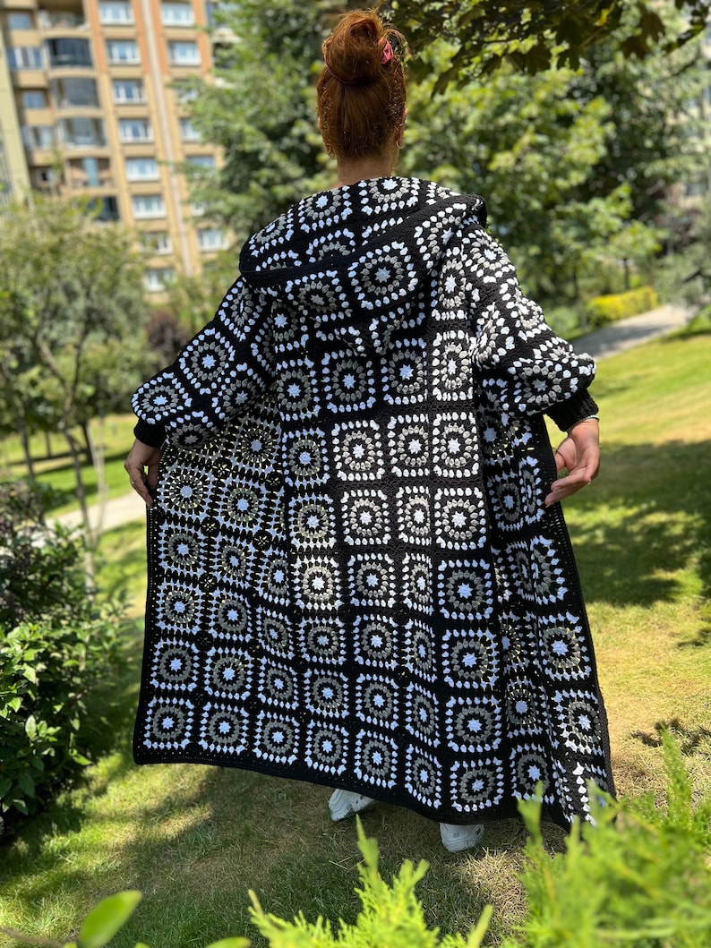 Granny Square Coat, Black White Cardigan, Crochet Jacket, Bohemian Cardigan, Knit Long Sweater, Loose Cardigan, Afghan Coat, Hooded Coat image 1