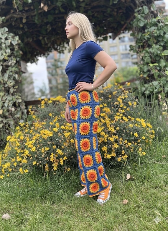 Knit Sunflower Pants, High Waisted Pants, Wide Leg Trousers