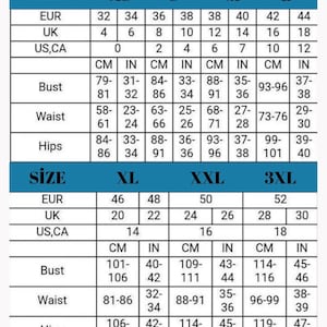 May include: Size chart for clothing in US, UK, and European sizes. The chart shows measurements in inches and centimeters for bust, waist, and hips. Sizes range from XS to 3XL.