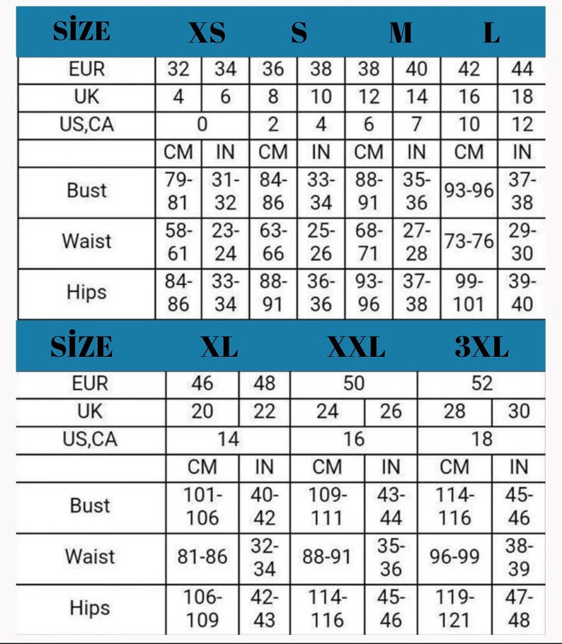 May include: Size chart for clothing in US, UK, and European sizes. The chart shows measurements in inches and centimeters for bust, waist, and hips. Sizes range from XS to 3XL.