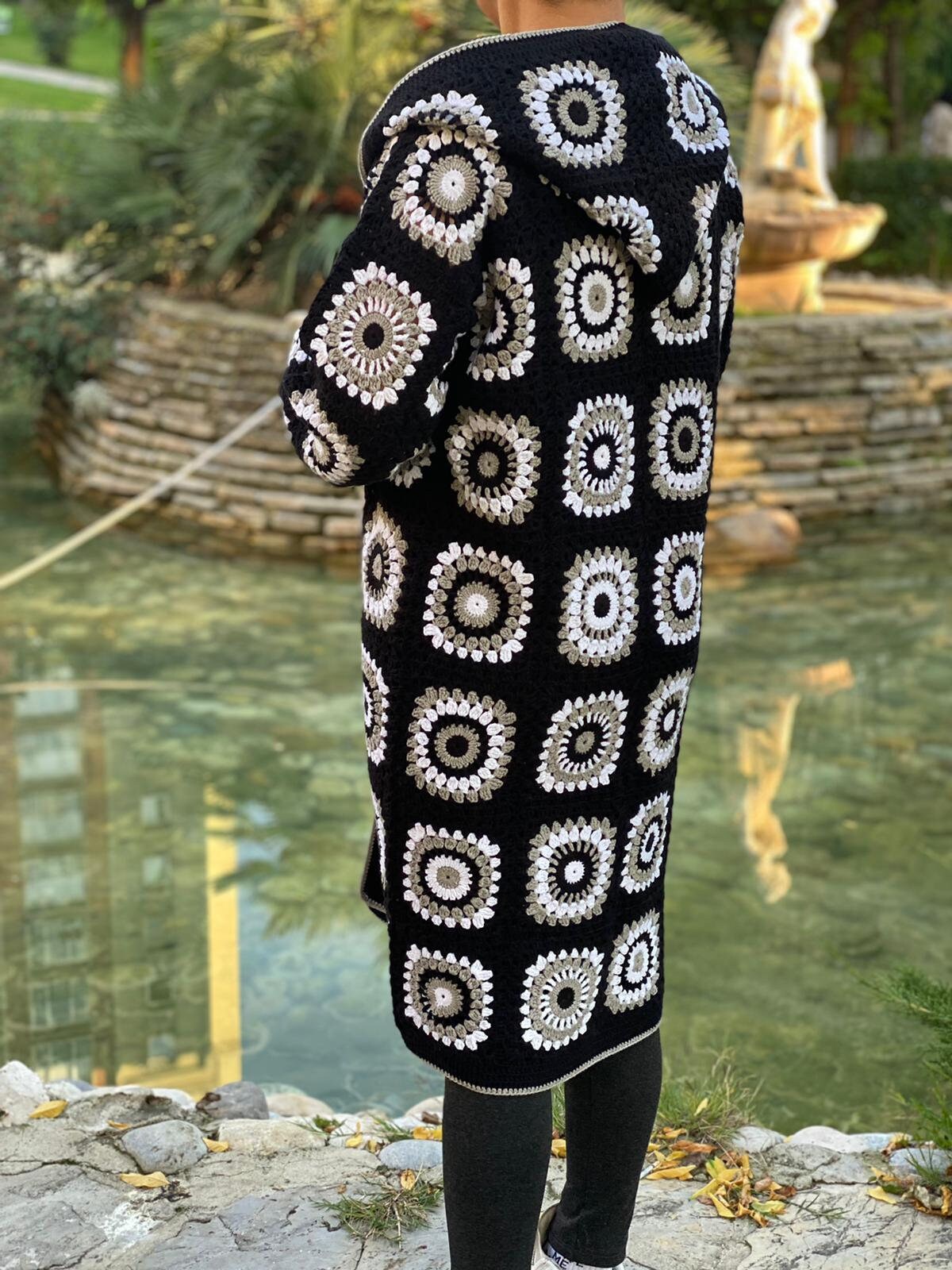 Hooded Cardigan, Granny Square Cardigan, Afghan Coat, Patchwork