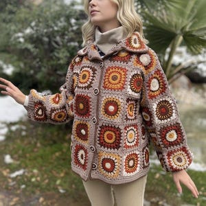 Granny Square Coat With Collar, Crochet Short Jacket, Hand Knitted Sweater With Button, Oversize Boho Coat, Trendy Cardigan