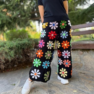 Crochet Black Floral Pants With Tie, Knit Daisy Pants, Wide Leg Trousers, Hippie Pants, Cotton Loose Pants, Colorful Pants, Flare Jean image 3