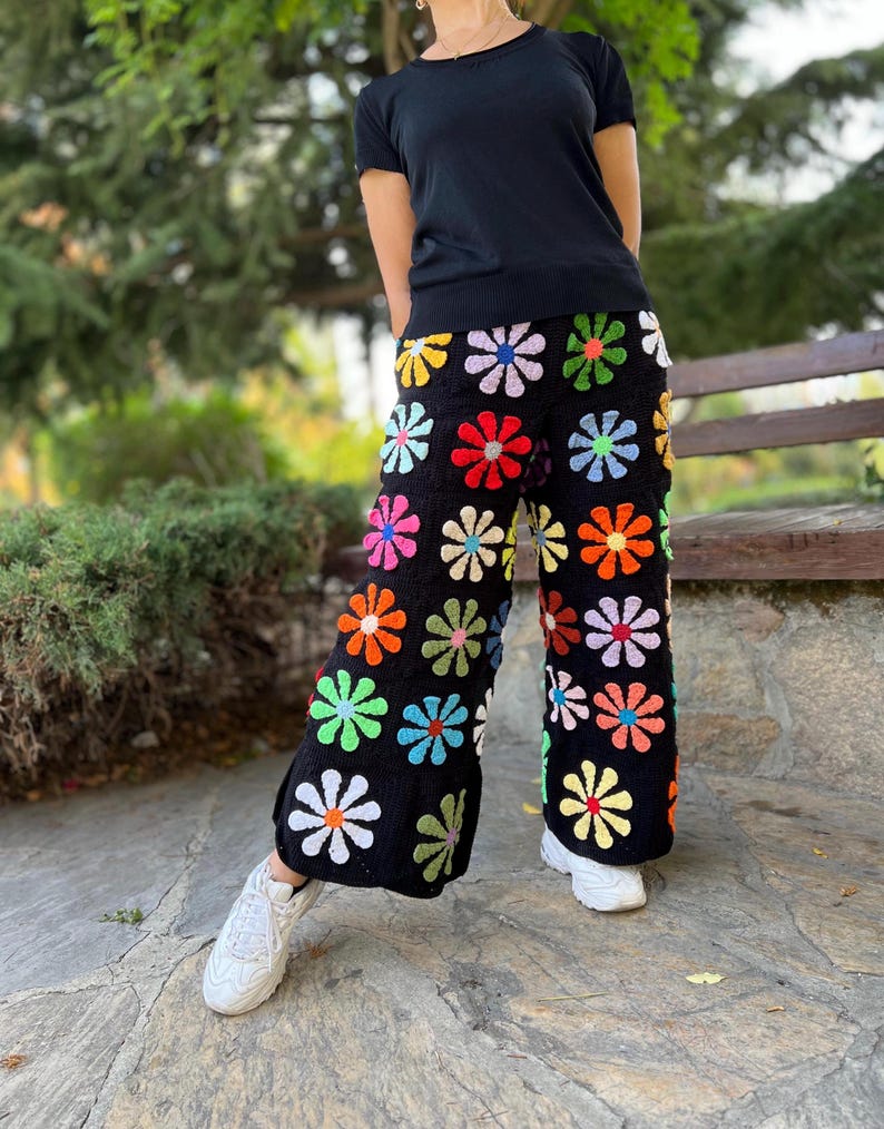 Crochet Black Floral Pants With Tie, Knit Daisy Pants, Wide Leg Trousers, Hippie Pants, Cotton Loose Pants, Colorful Pants, Flare Jean image 3