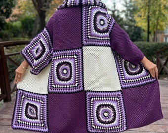 Granny Square Cardigan, Purple Hippie Coat, Colorful Sweater, Crochet Jacket, Hooded Sweater, Hippie Cardigan, Patchwork Jacket