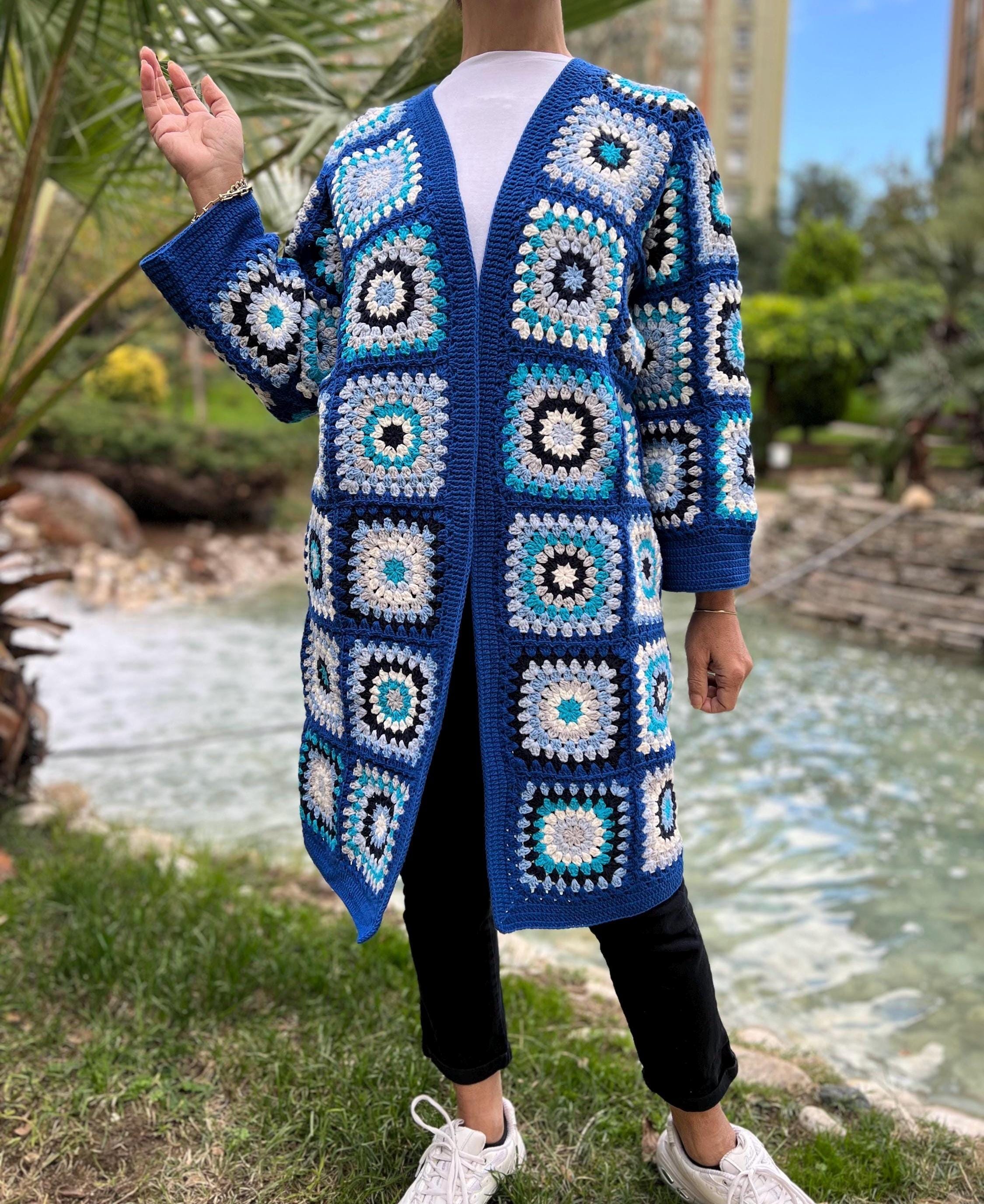 Blue Granny Square Crochet Cardigan, Handmade Long Winter Coat - Etsy