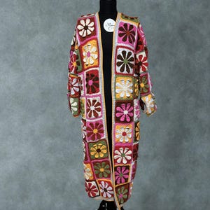 Colorful Crochet Long Coat, 3D Flower Granny Square Boho Cardigan