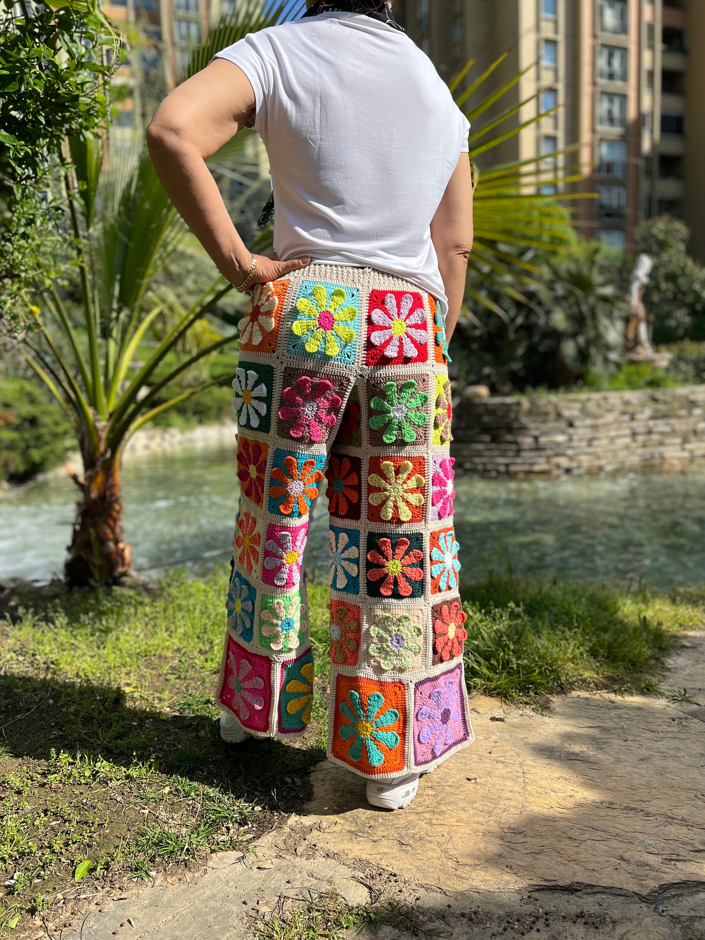 Knit Floral Pants, Wide Leg Trousers, Hippie Pants, Colorful Knit Floral Pants, Wide Leg Trousers, Hippie Pants, Colorful